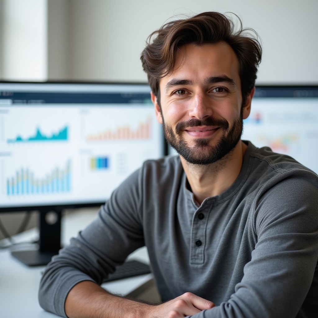 Workshop facilitator sitting at a desk with dual monitors showing analytics dashboards