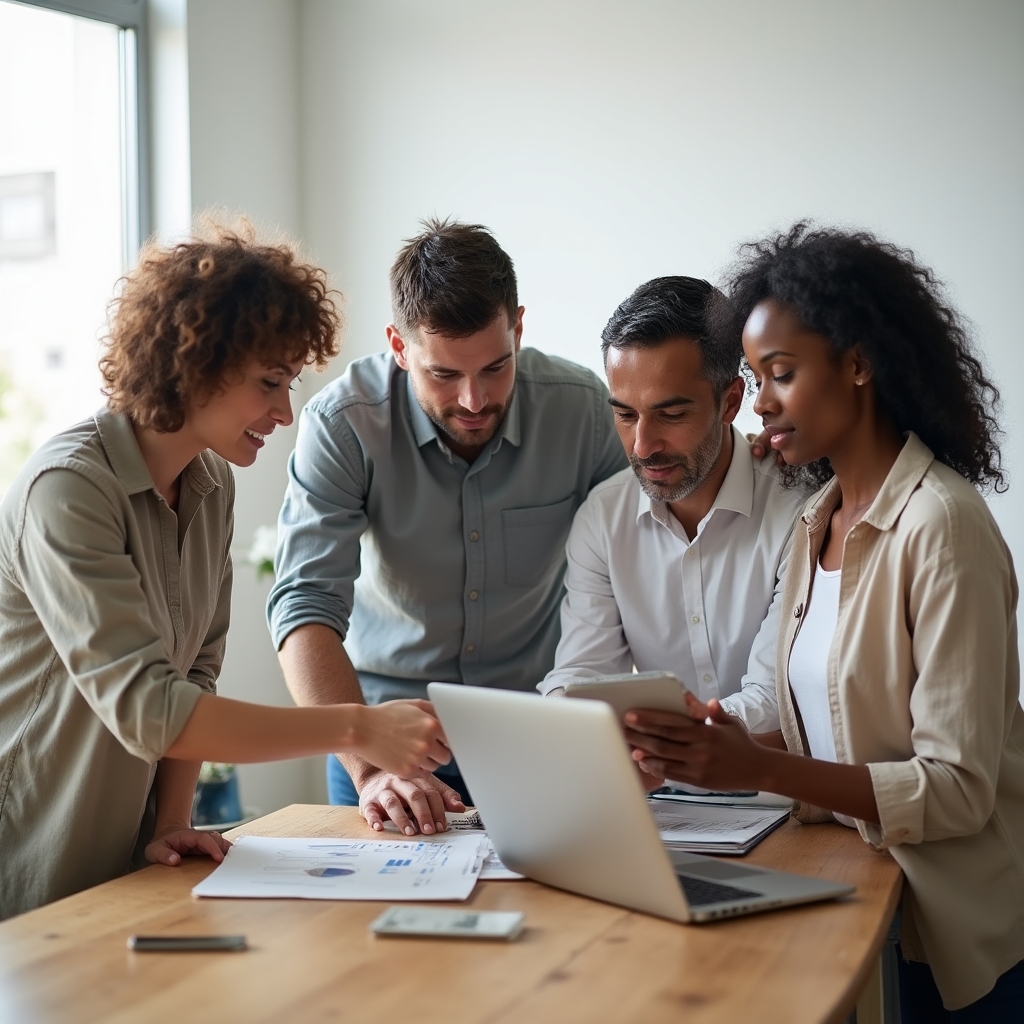 Marketing team gathered around a laptop reviewing analytics reports together